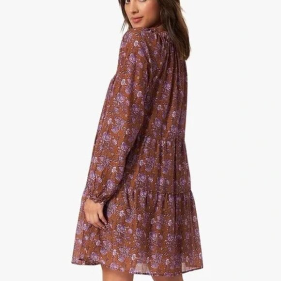 Xirena Lea Cottage Boho Brown Floral Dress Small Oversized Golden Silk Cotton - Picture 7 of 10